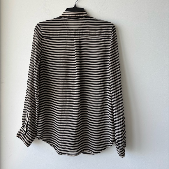 Old Navy Button Up Top Stripe Black Beige Pocket Sheer Women M Minimalist Office - Picture 2 of 11